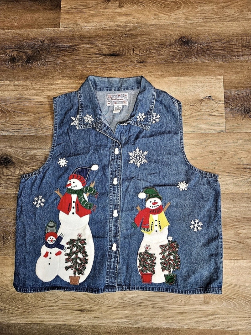 Tantrums Vintage Embroidered Denim Shirt Vest Snowman Bottons XL Teacher